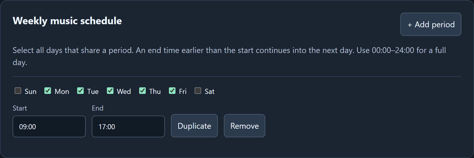 Weekly schedule controls for selecting days, start times and end times