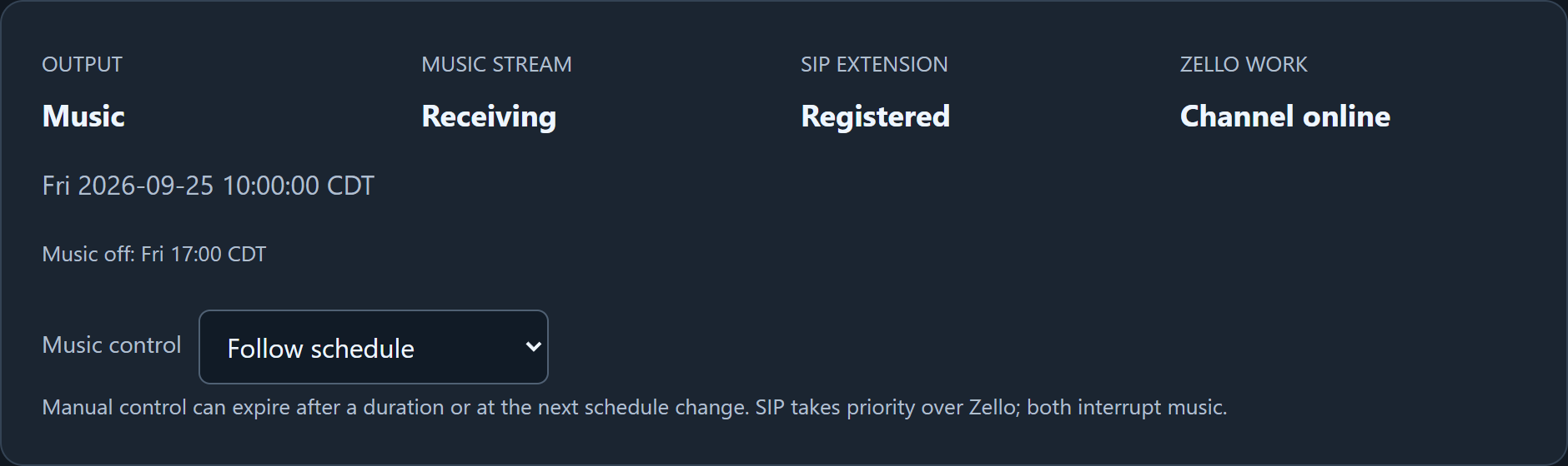 Web interface showing music, SIP registration, Zello channel and active output status
